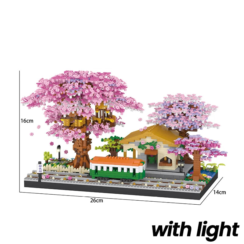 Mini Sakura Ağacı Yapı Taşları Seti - Işıklı Kiraz Çiçeği ve Ağaç Ev Modeli