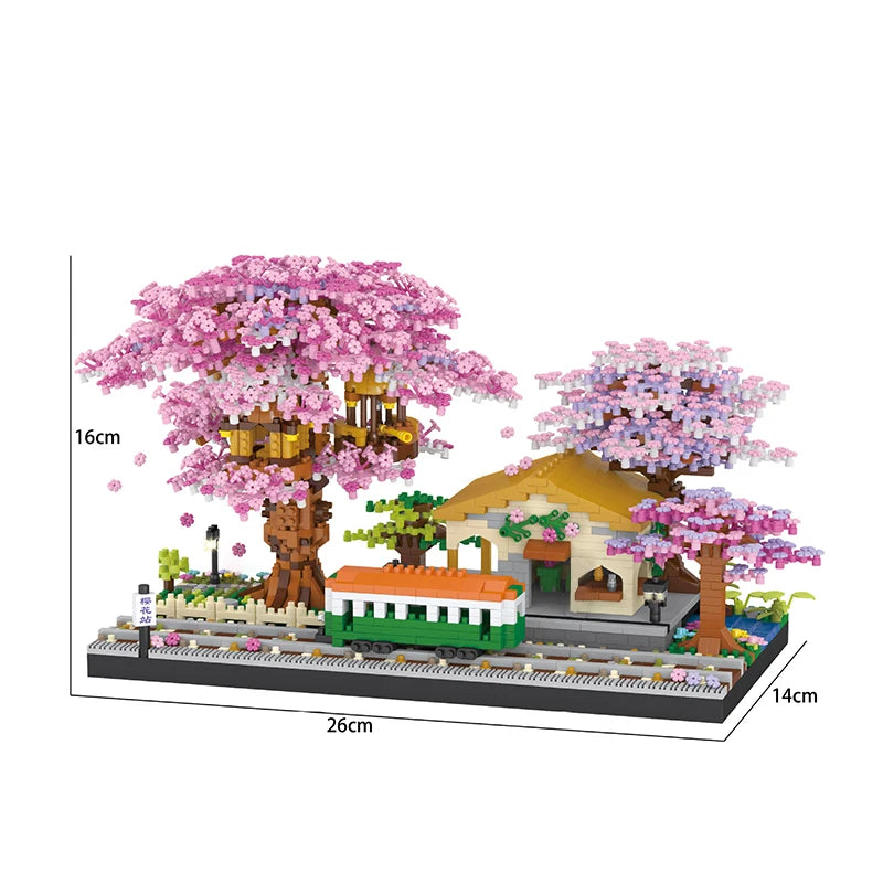 Mini Sakura Ağacı Yapı Taşları Seti - Işıklı Kiraz Çiçeği ve Ağaç Ev Modeli