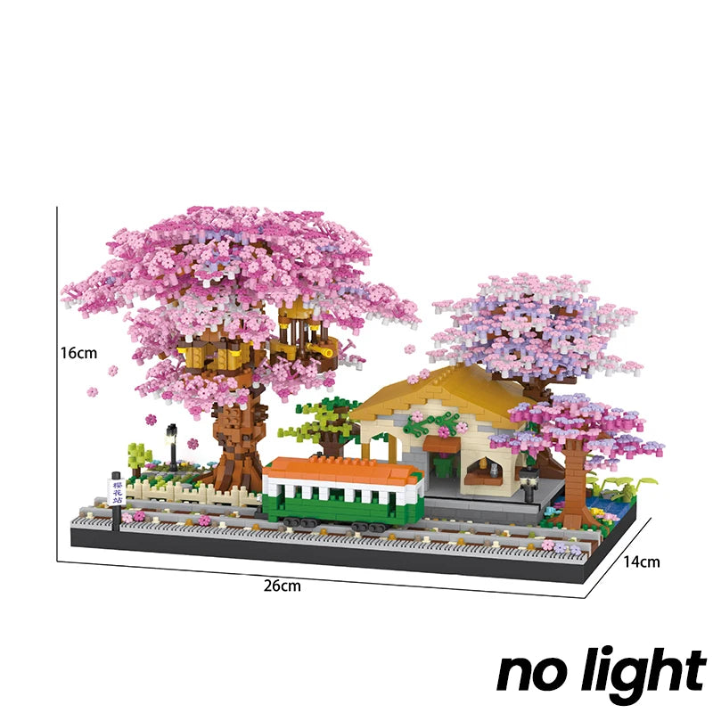 Mini Sakura Ağacı Yapı Taşları Seti - Işıklı Kiraz Çiçeği ve Ağaç Ev Modeli